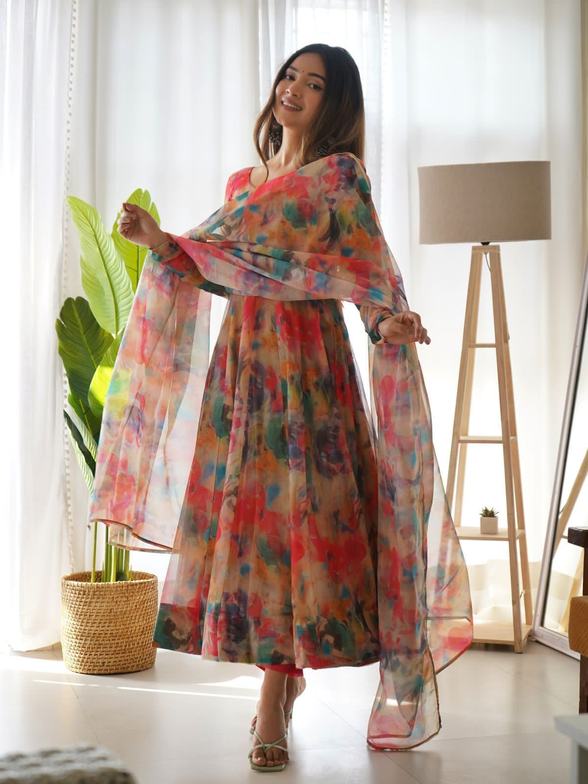 Bollywood designer stylish Orange  digital printed anarkali dress with dupatta for function wear by Vastra Designer