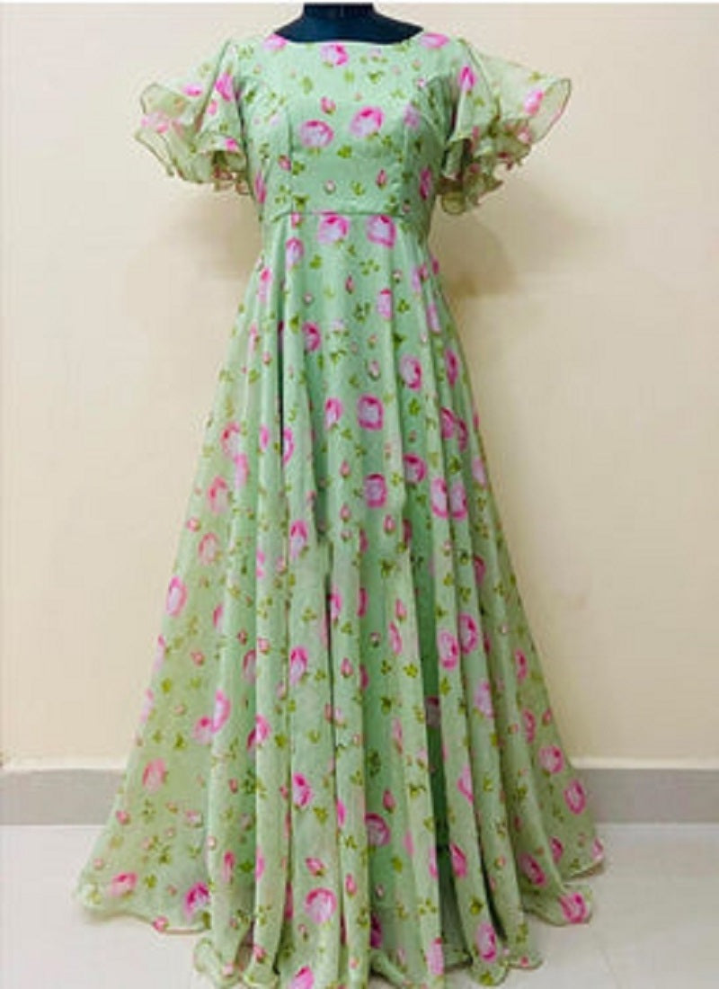 Pista Green Georgette Printed  Anarkali Style Gown