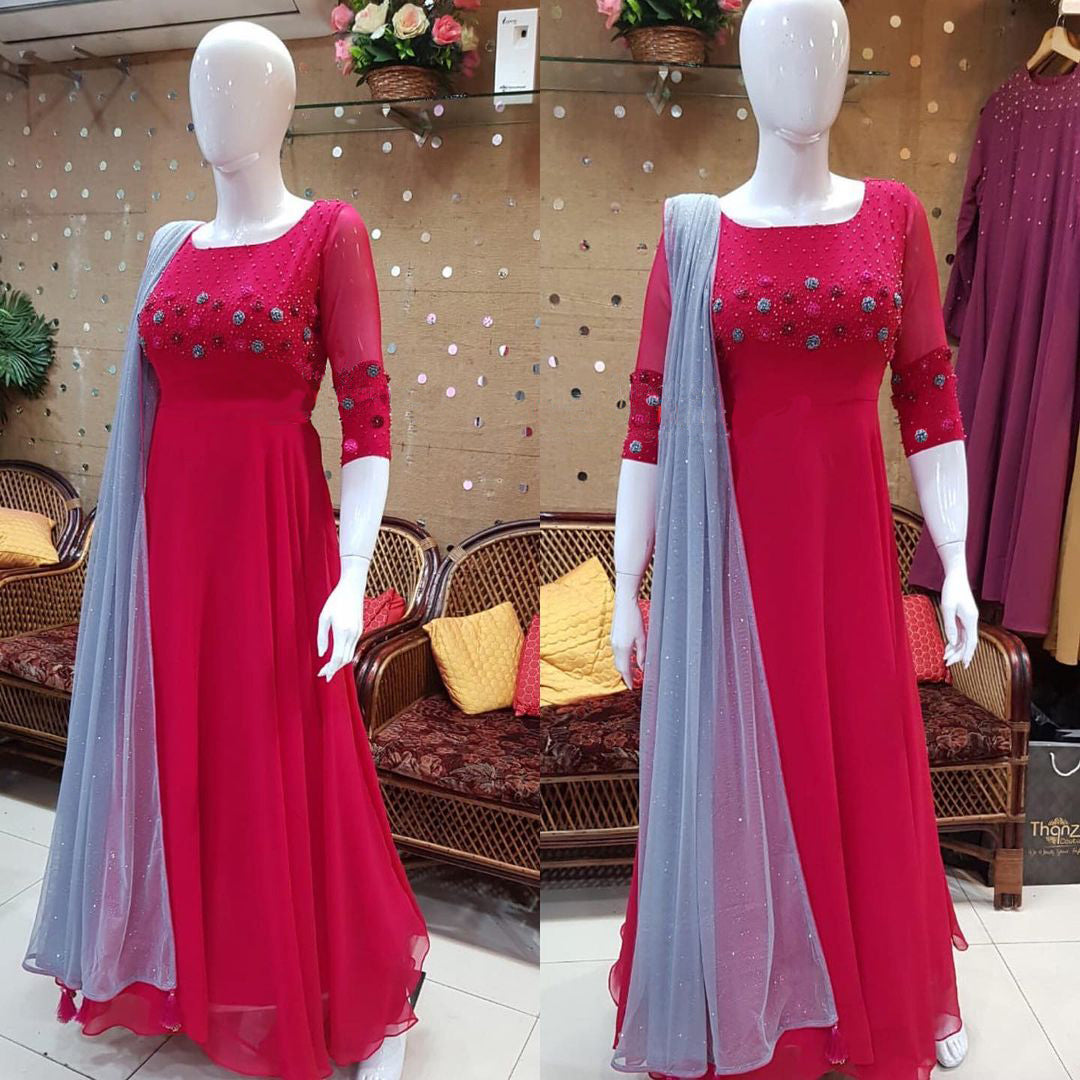 Red Embroidered Flared Floor Touch Georgette Partywear Gown