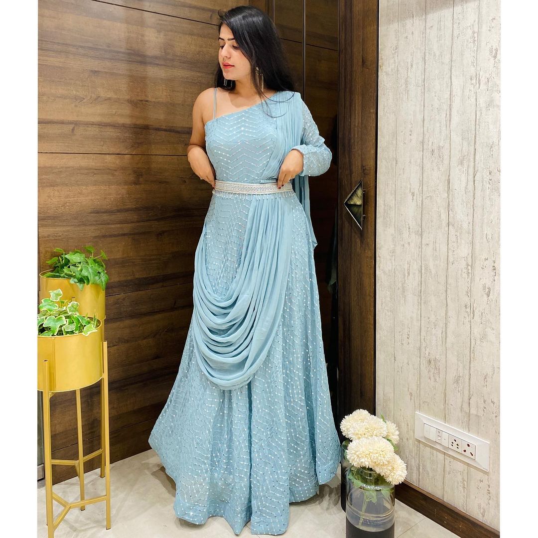 Sky Blue Embroidered Flared Floor Touch Georgette Partywear Gown