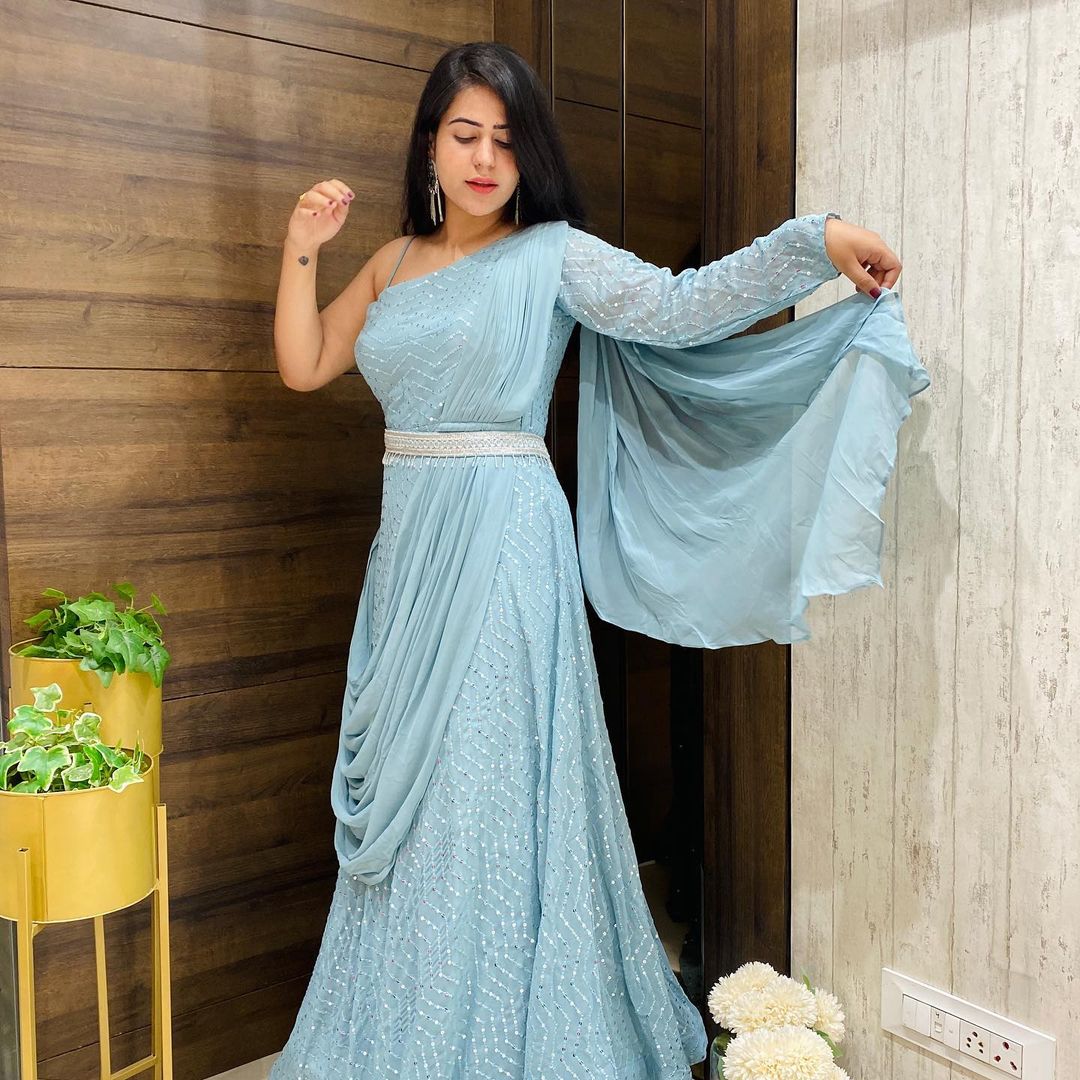 Sky Blue Embroidered Flared Floor Touch Georgette Partywear Gown