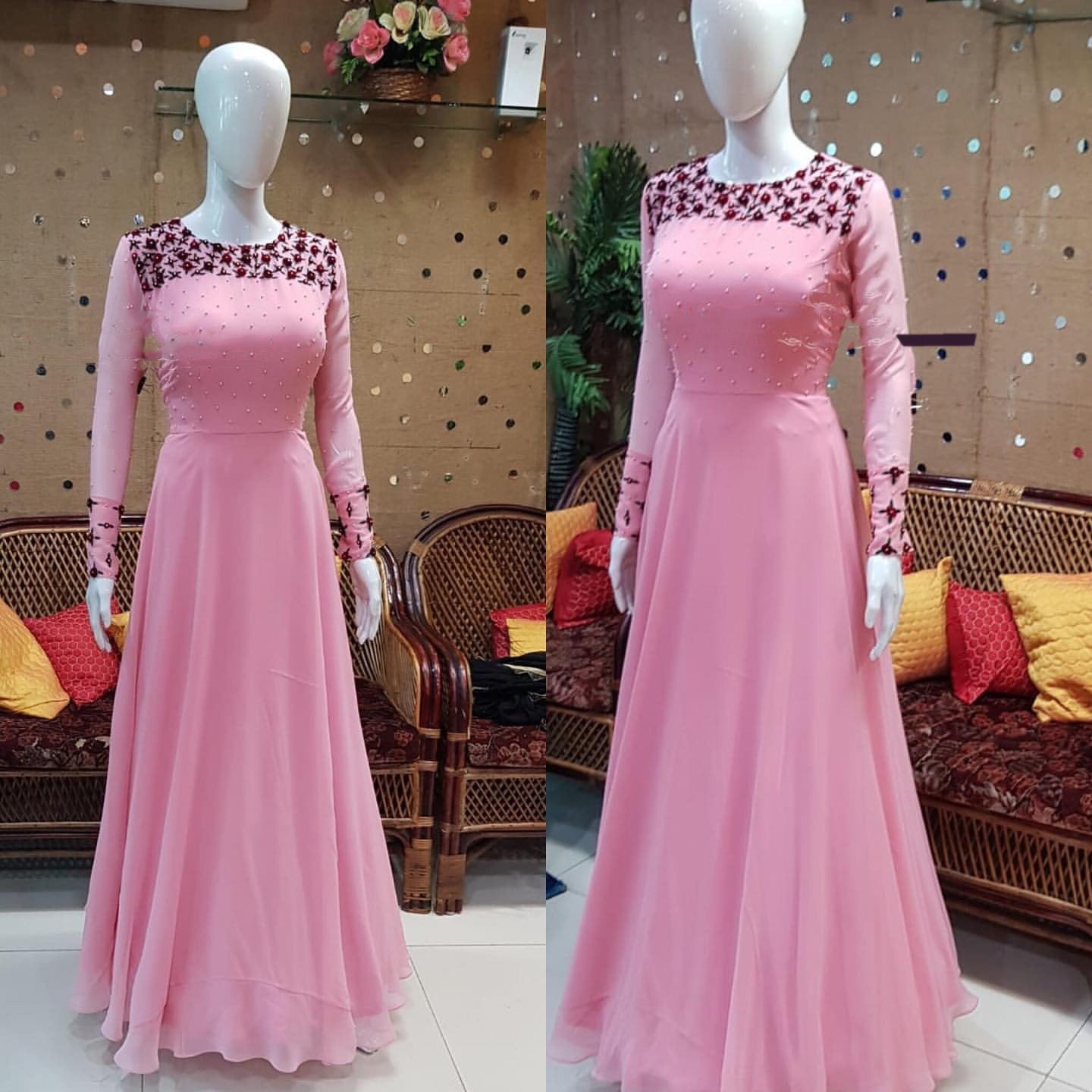 Pink Embroidered Flared Floor Touch Georgette Partywear Gown