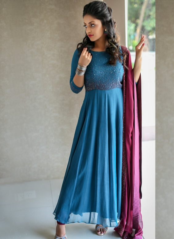 Morpich Colored Dimeond Hot Fixed Designer Gown With Dupatta