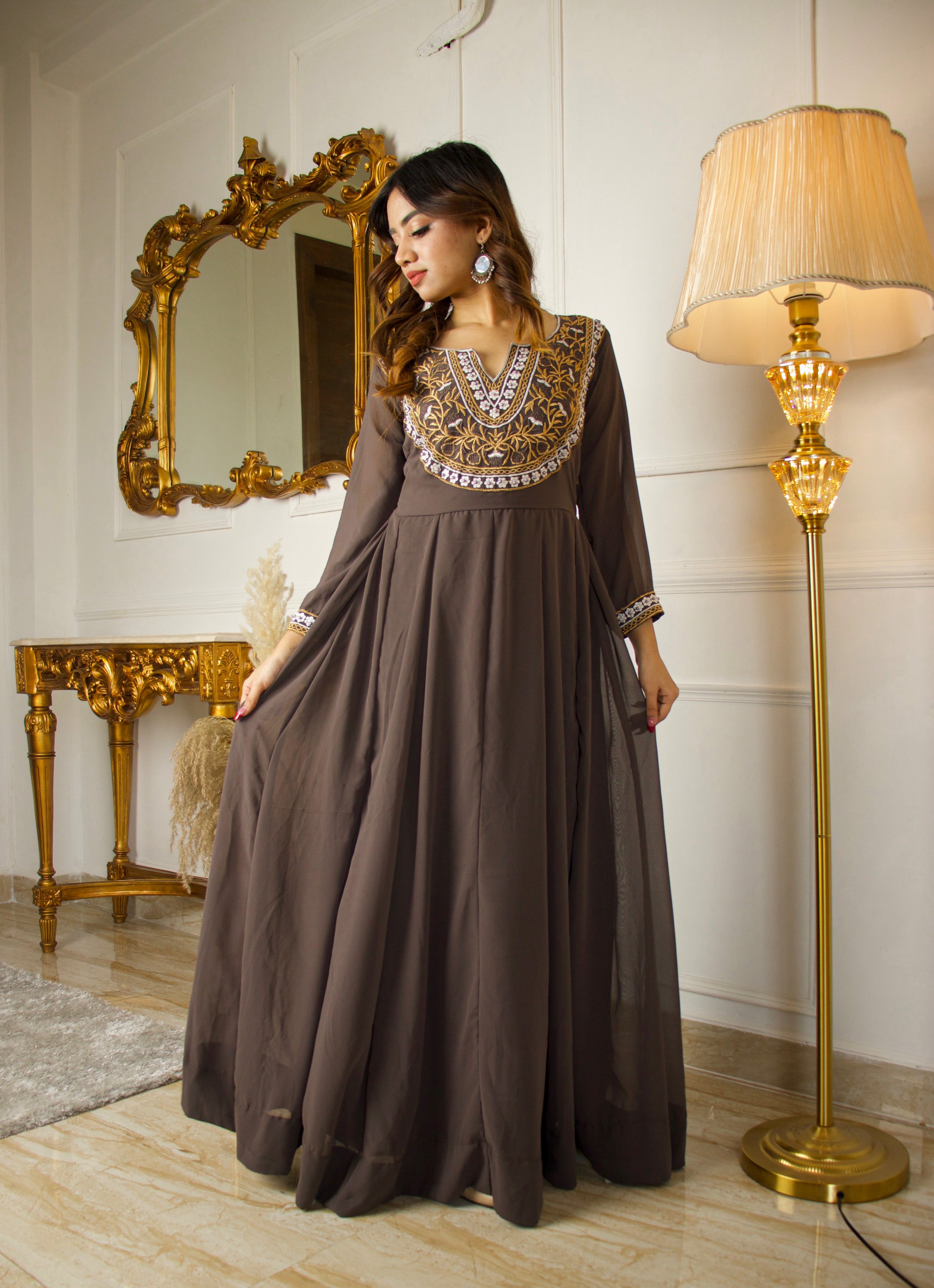Brown Floral Embroidered Georgette Partywear Gown With Dupatta