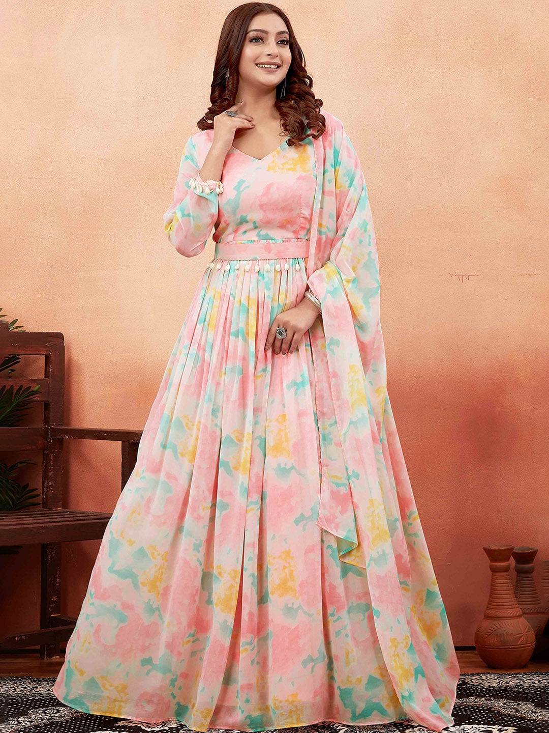 Printed Georgette Ethnic Gown with Dupatta & Belt