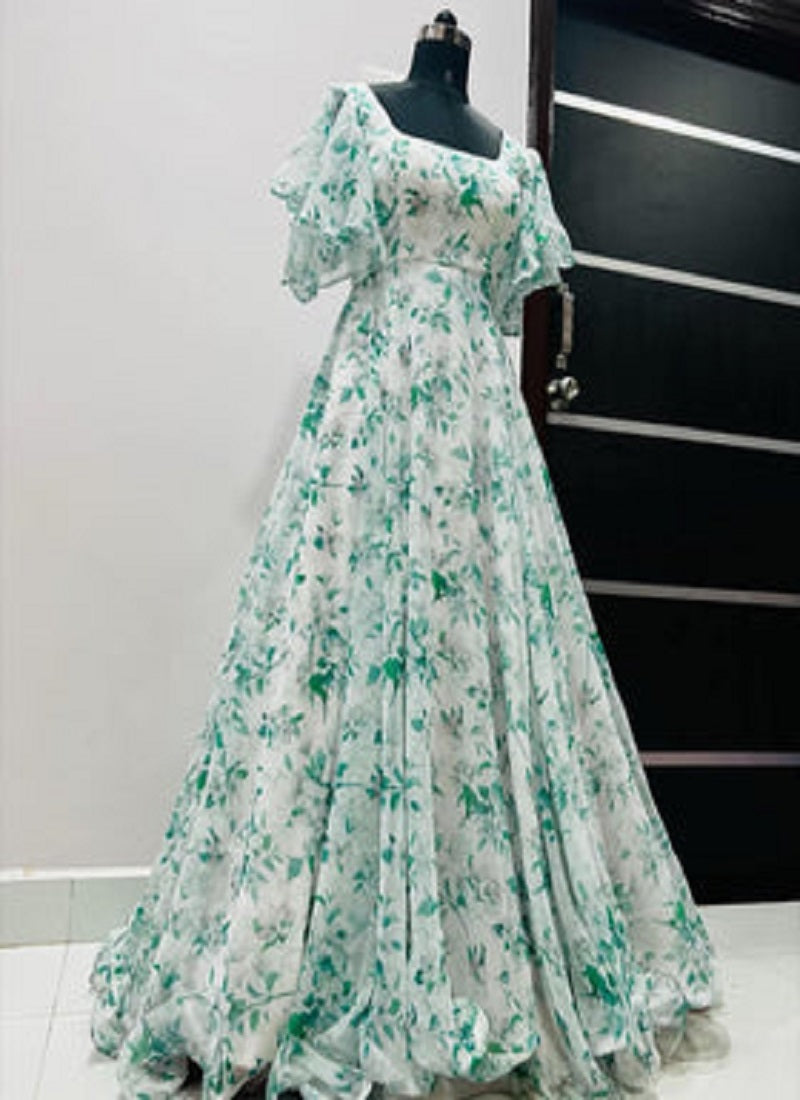 Lovely Vintage Green Colored Printed Anarkali Gown