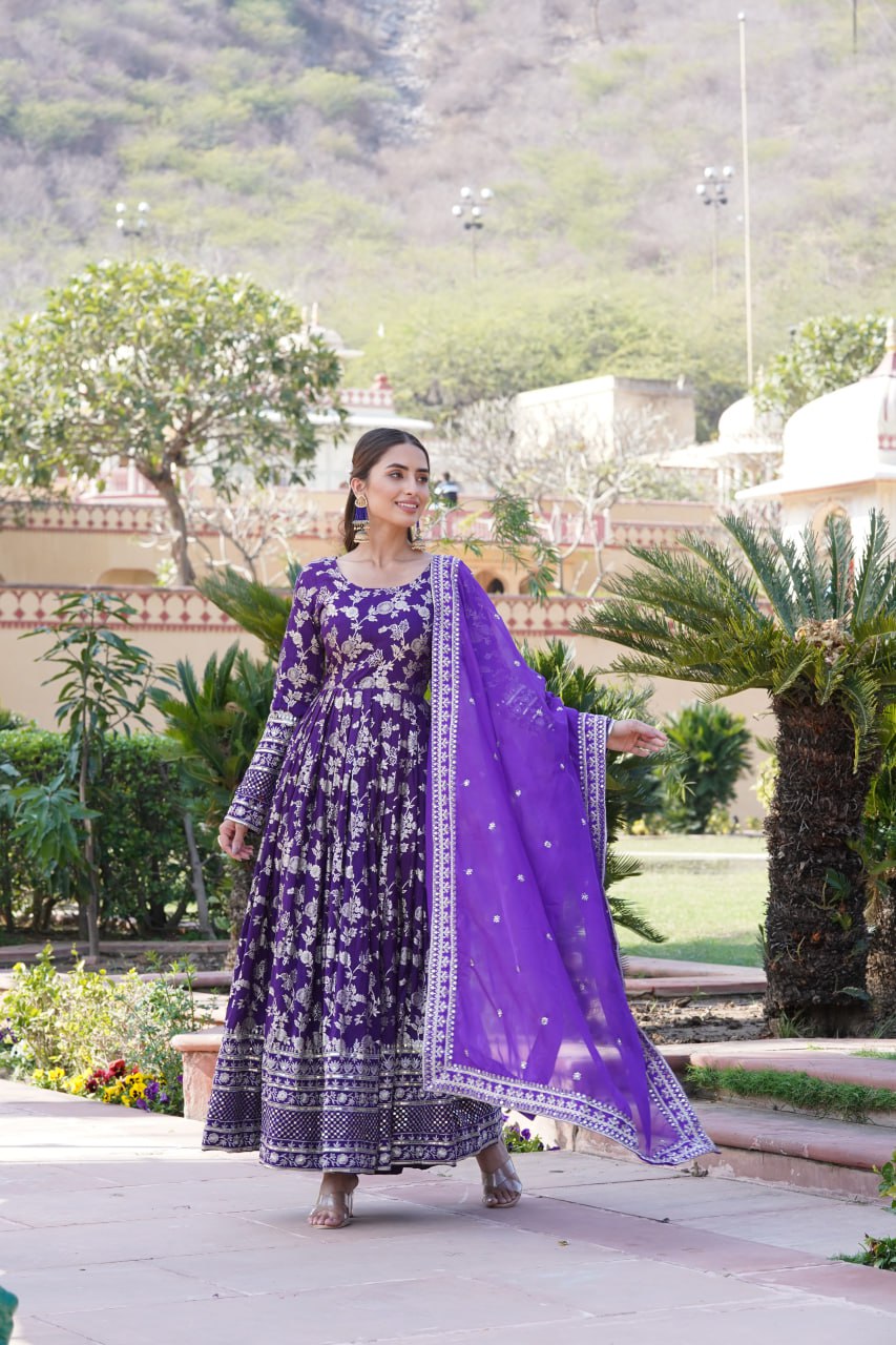 Viscose Dyable Jacquard Gown With Sequins Embroidered Work and Russian Silk Dupatta, it will enhance can combine the best parts of Indian wear into one stunning ensemble.