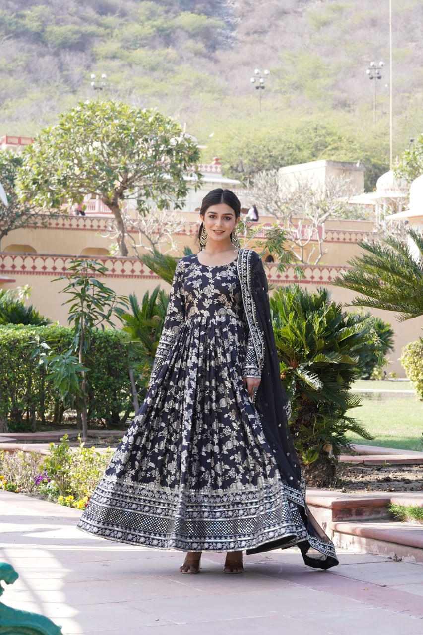 Viscose Dyable Jacquard Gown With Sequins Embroidered Work and Russian Silk Dupatta, it will enhance can combine the best parts of Indian wear into one stunning ensemble.