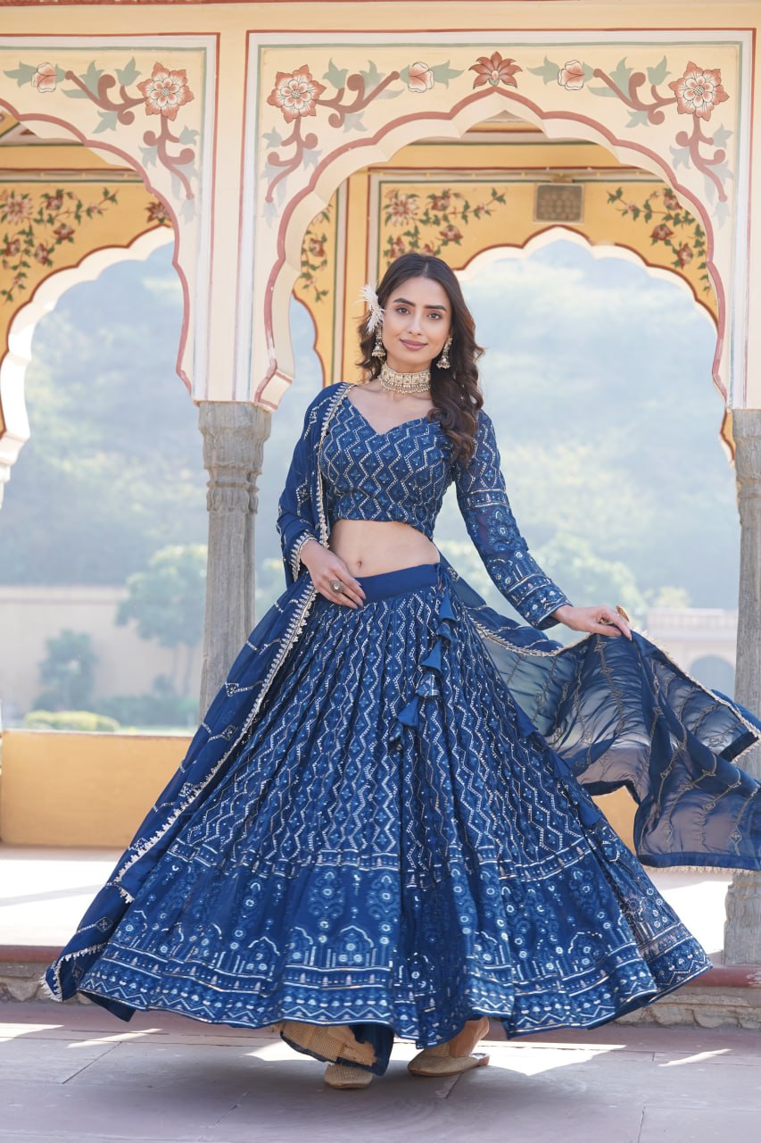 Faux Georgette With Sequins & Thread Embroidered work Lehenga Choli with Dupatta for women who are accepting the Current Seasonal and traditional wear collections to their wardrobe.