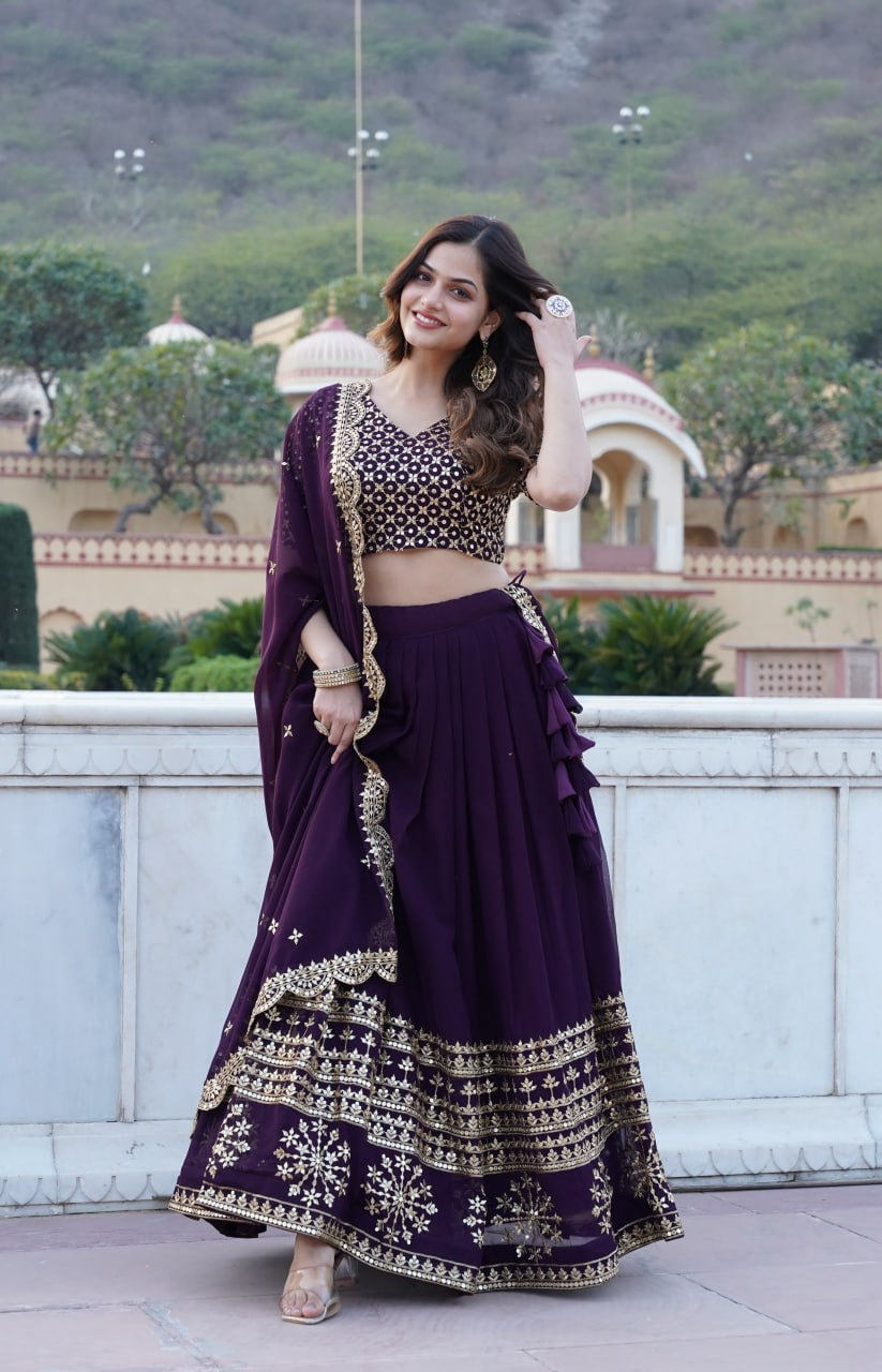 Sparkle in every step with a Gorgeous Georgette Flared Lehenga with Sequins and embroidered Work.