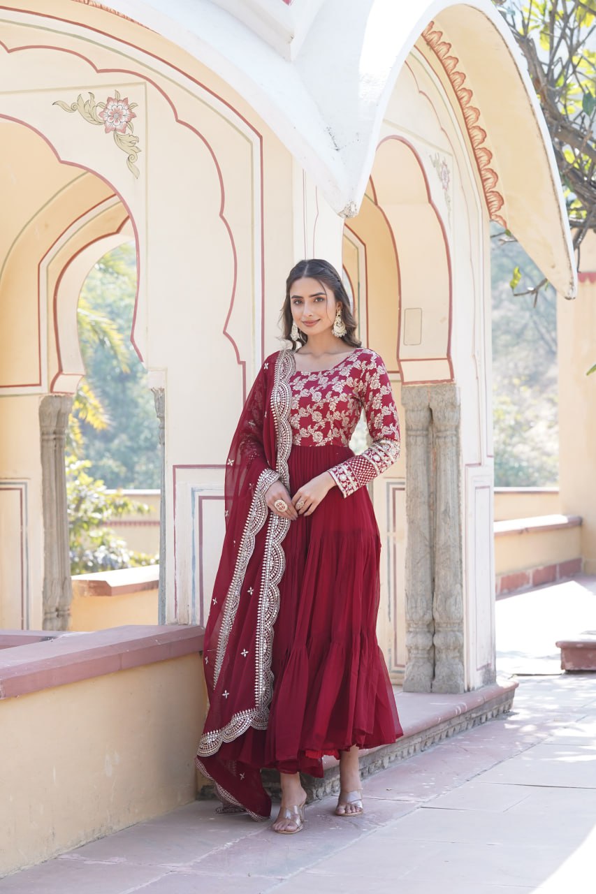 Faux Blooming gown with Viscose Dyable Jacquard With Sequins Embroidered Work Faux Blooming Dupatta, it will enhance can combine the best parts of western and Indian wear into one stunning ensemble.