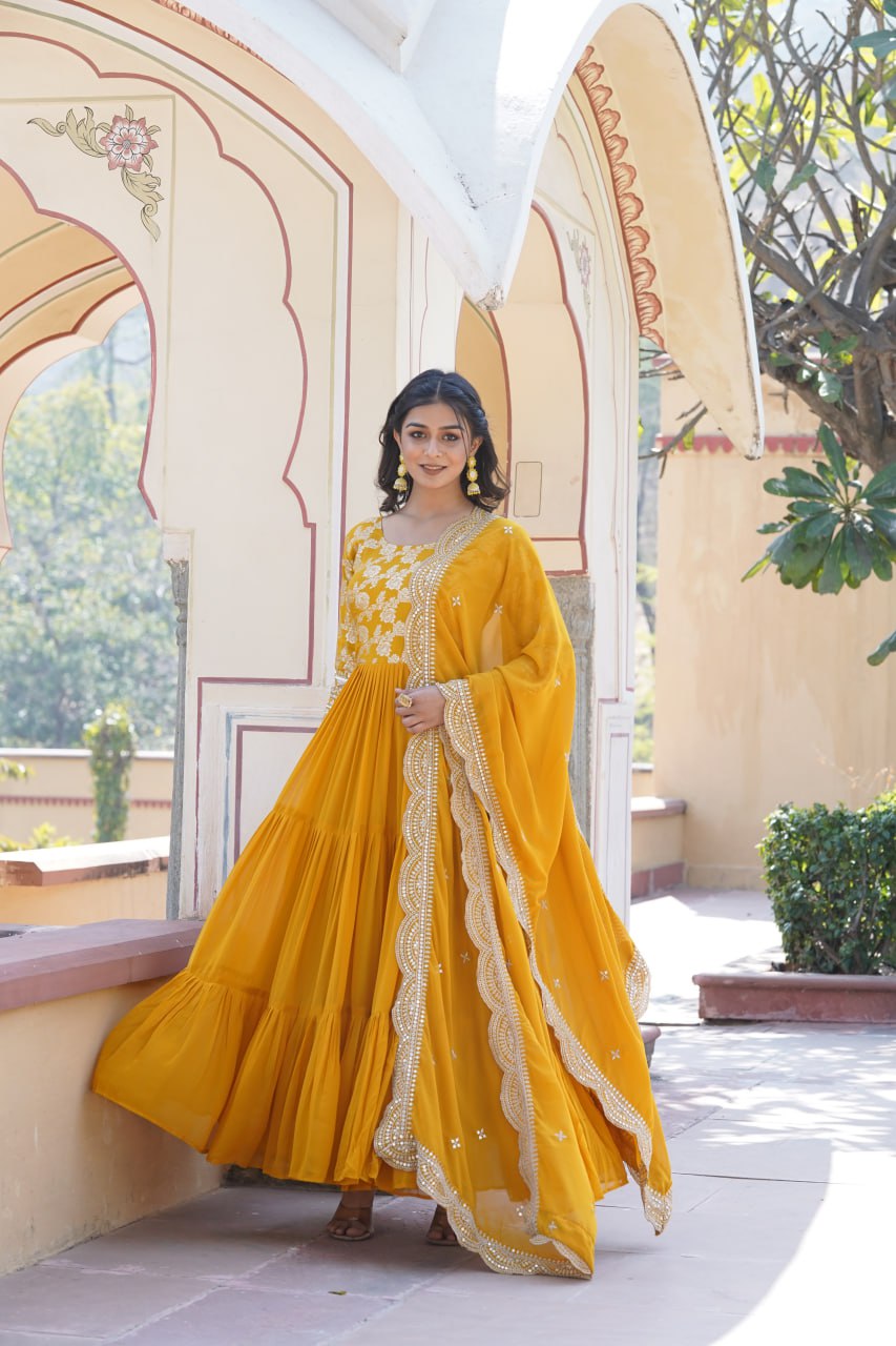 Faux Blooming gown with Viscose Dyable Jacquard With Sequins Embroidered Work Faux Blooming Dupatta, it will enhance can combine the best parts of western and Indian wear into one stunning ensemble.