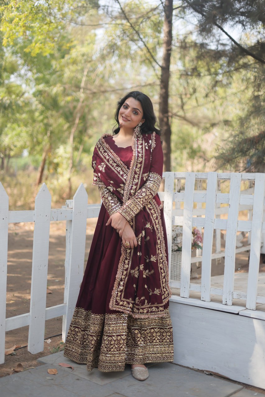 AMAZING PREMIUM DARK MAROON ANARKALI GOWN WITH DUPATTA