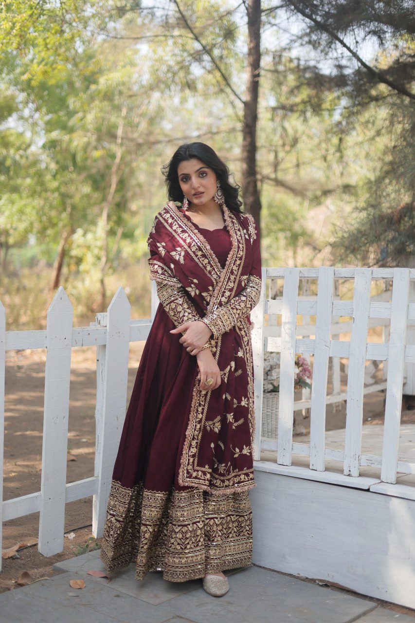 AMAZING PREMIUM DARK MAROON ANARKALI GOWN WITH DUPATTA