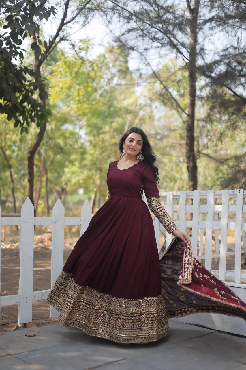 AMAZING PREMIUM DARK MAROON ANARKALI GOWN WITH DUPATTA