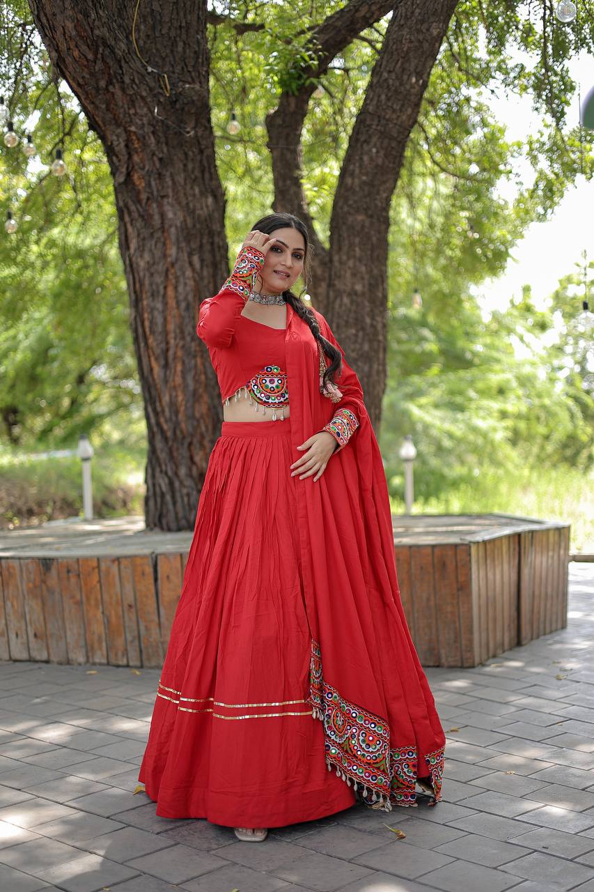 Creativ Navratri Season, Red Readymade Rayon Lehenga choli Set