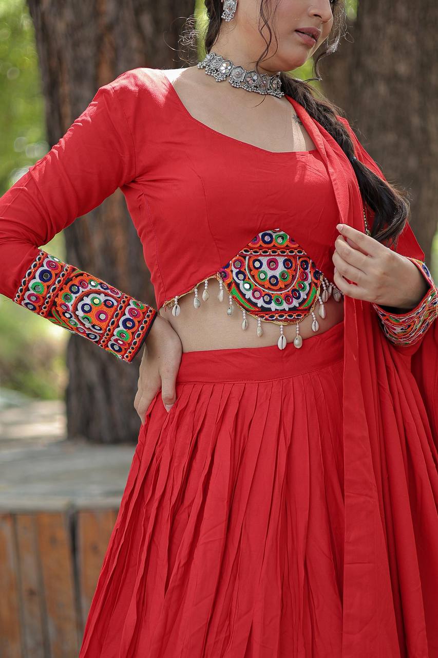 Creativ Navratri Season, Red Readymade Rayon Lehenga choli Set