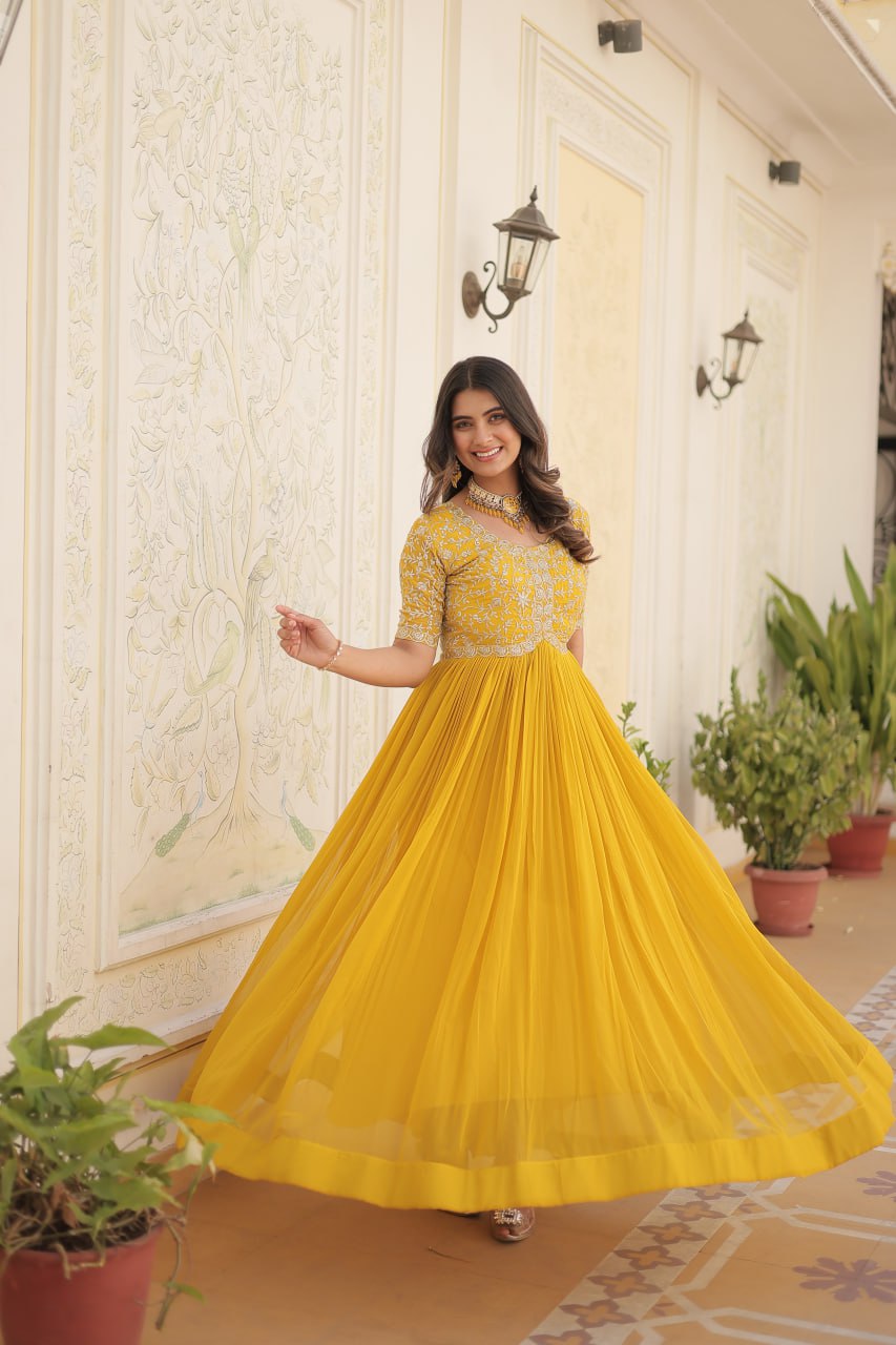 Designer Gown is luxury clothing Considered to be high quality Made by Zari-Thread & Sequins Embroidery. This is Made for Desirable Women's who deserve it