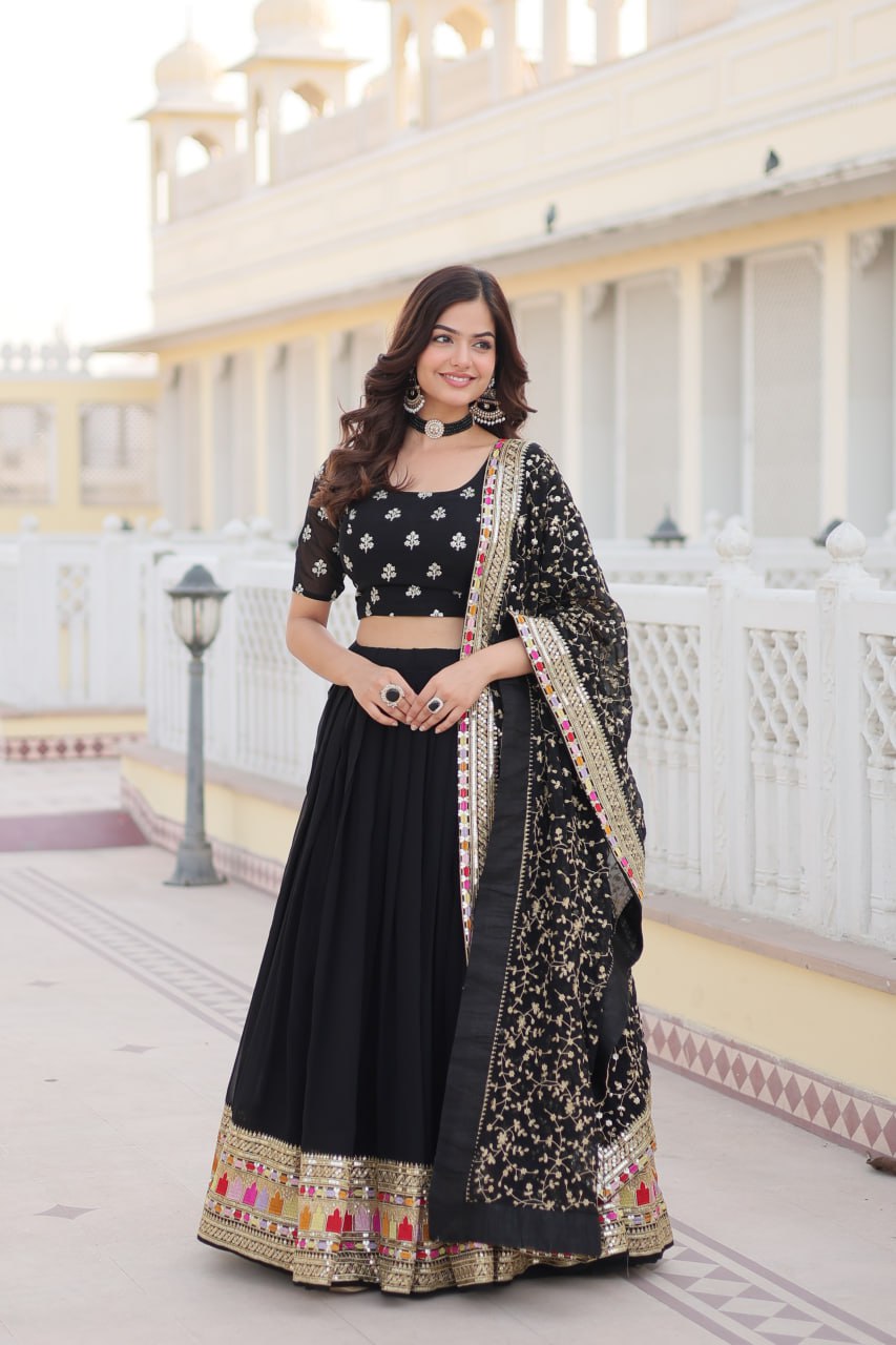 Trending Black Embroidered Fully Flaired Georgette Lehenga Made with Rich Sequins And Thread Embroidered Work  With Stunning Blouse And Dupatta.