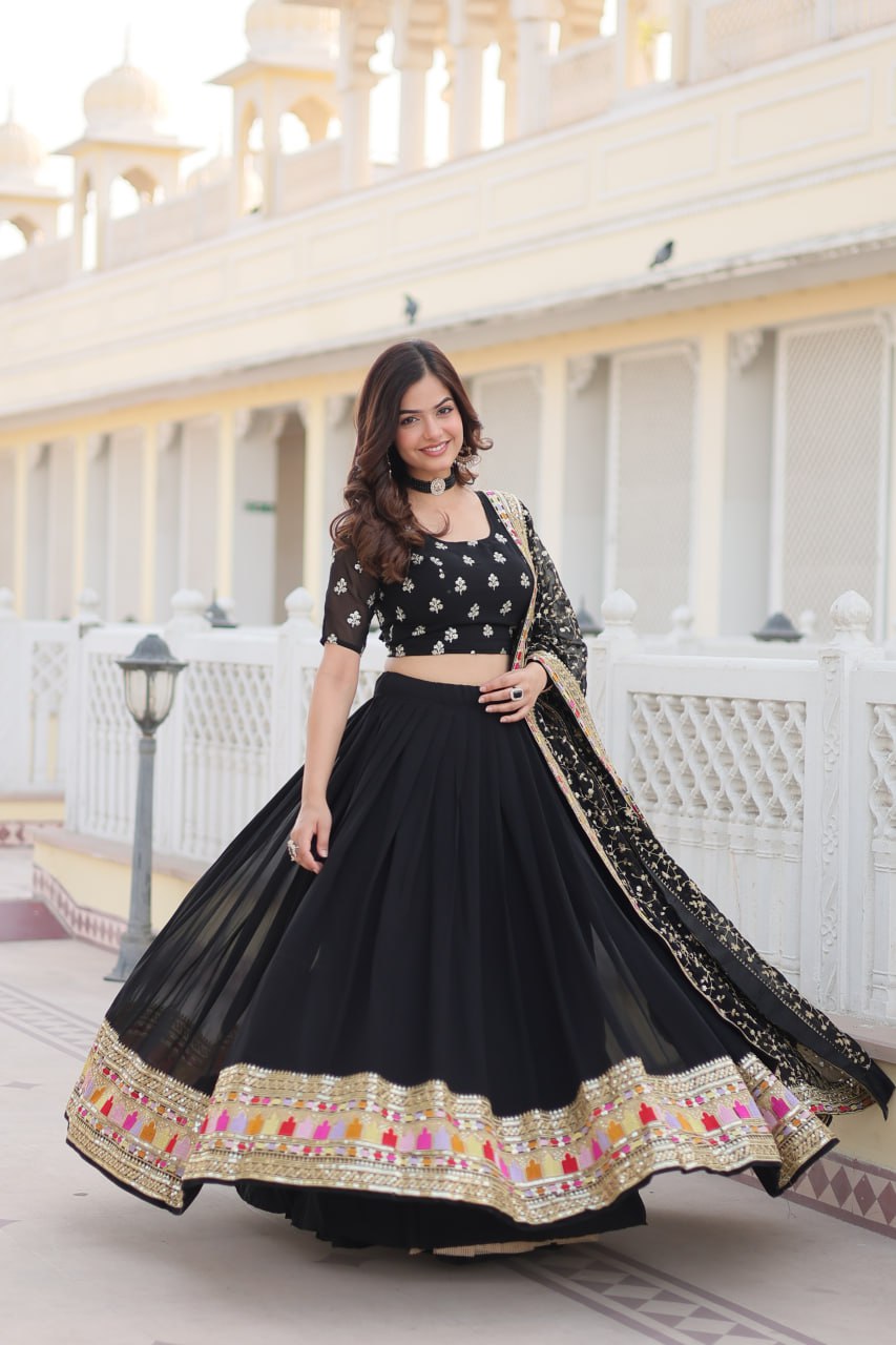 Trending Black Embroidered Fully Flaired Georgette Lehenga Made with Rich Sequins And Thread Embroidered Work  With Stunning Blouse And Dupatta.