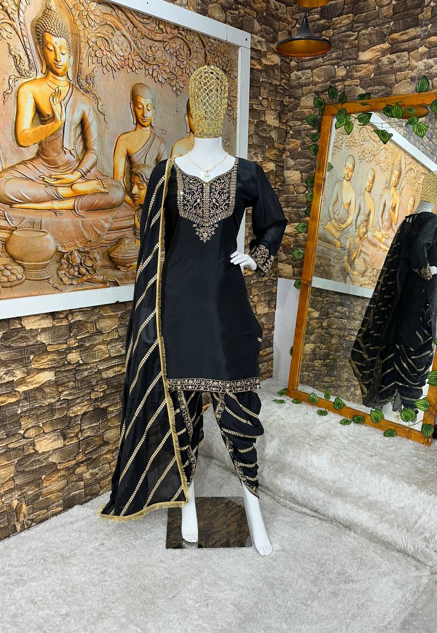 DESIGNER PARTY WEAR TOP AND DHOTI WITH FANCY DUPPATA AND EMBROIDERY WORK*