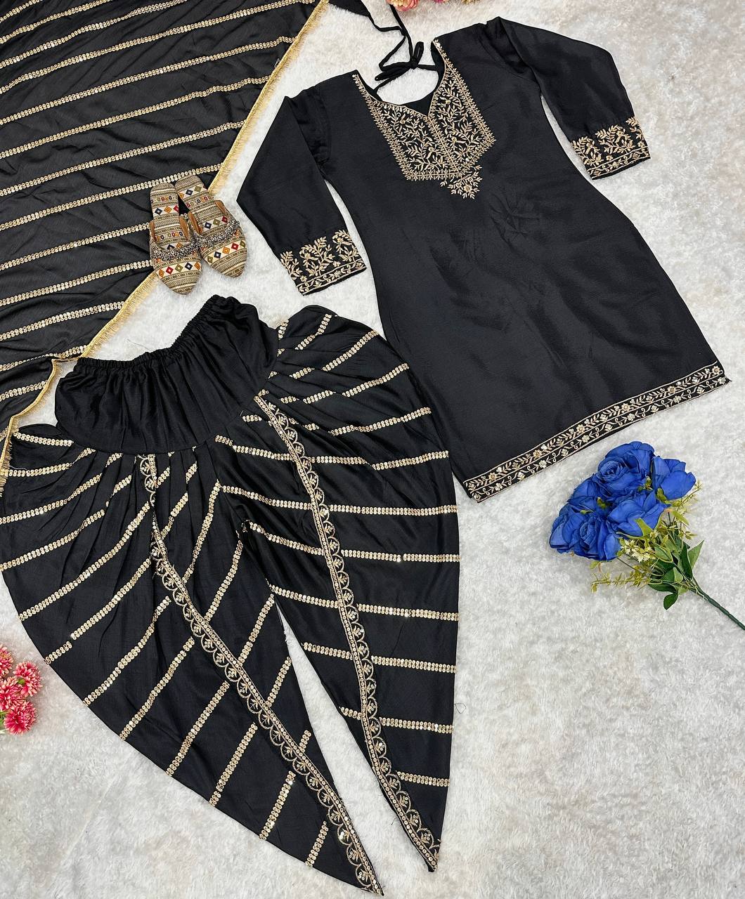 DESIGNER PARTY WEAR TOP AND DHOTI WITH FANCY DUPPATA AND EMBROIDERY WORK*