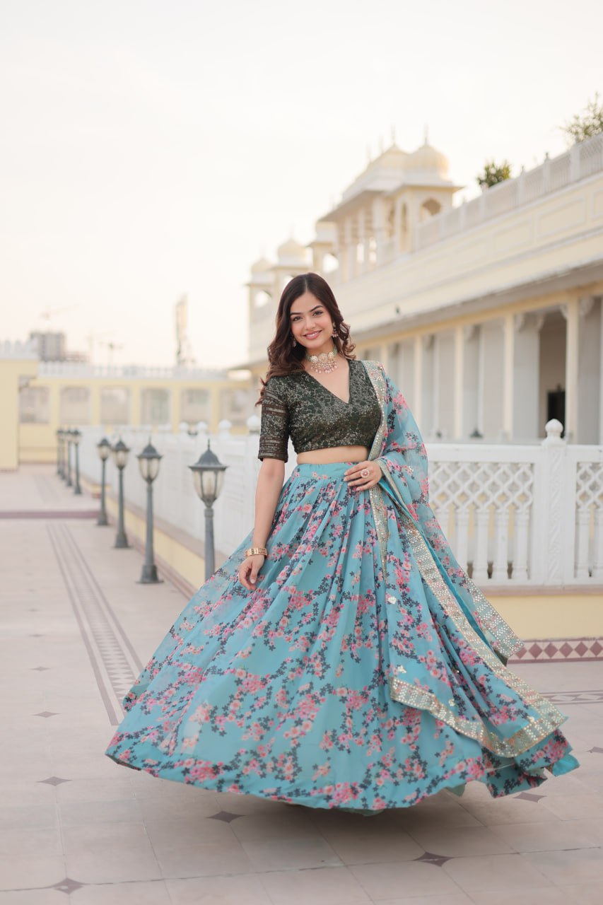 Premium Digital Printed Russian Silk Fabric Lehenga choli For Special Festivals or Ceremonial or Bridesmaid, Who Taking Interest into the Shopping of Lehenga choli, Add in your wardrobe Without Double-Think.