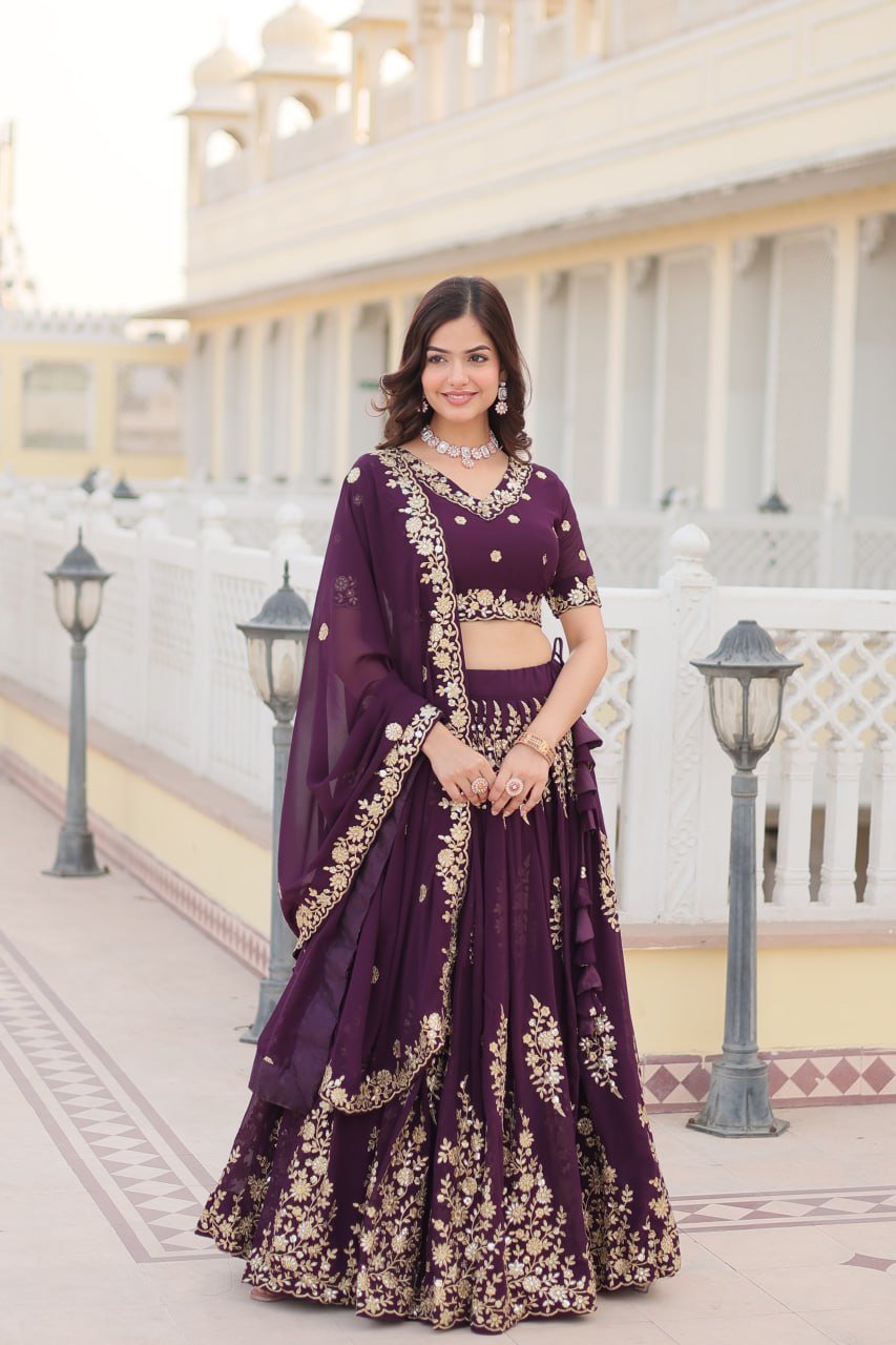 Wine Embroidered Fully Flaired Georgette Lehenga Made with Rich Sequins And Thread Embroidered Work  With Stunning Blouse And Dupatta