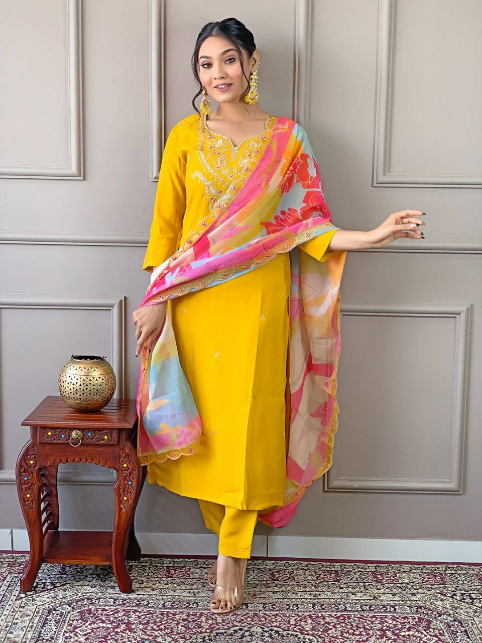 Yellow Colored Party wear Embroidered Anarkali Kurta Set