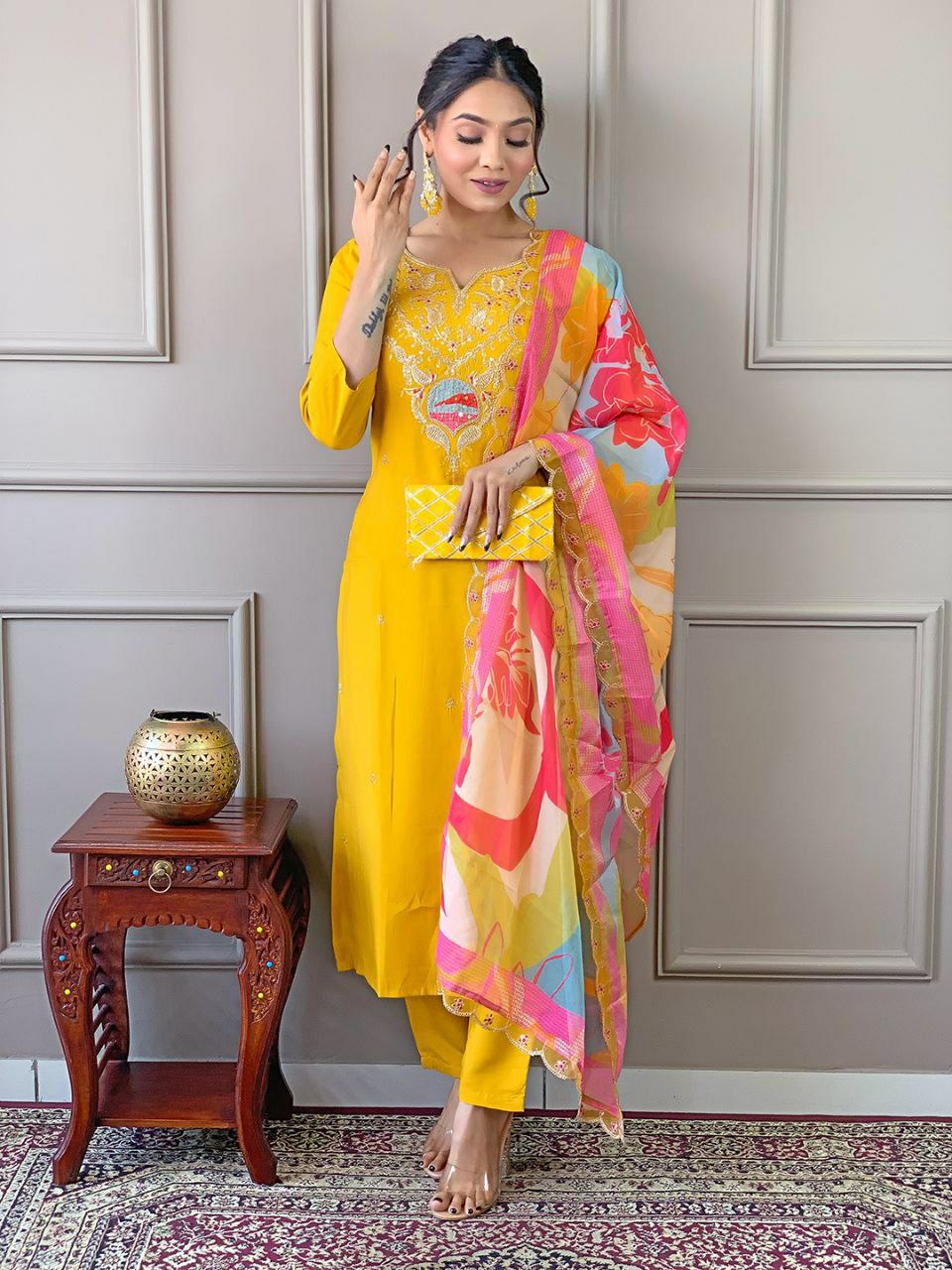 Yellow Colored Party wear Embroidered Anarkali Kurta Set