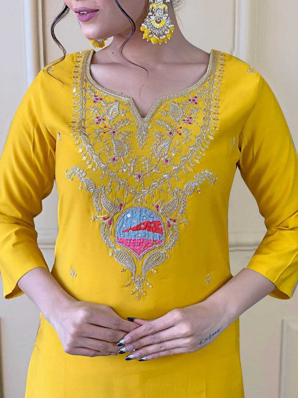 Yellow Colored Party wear Embroidered Anarkali Kurta Set