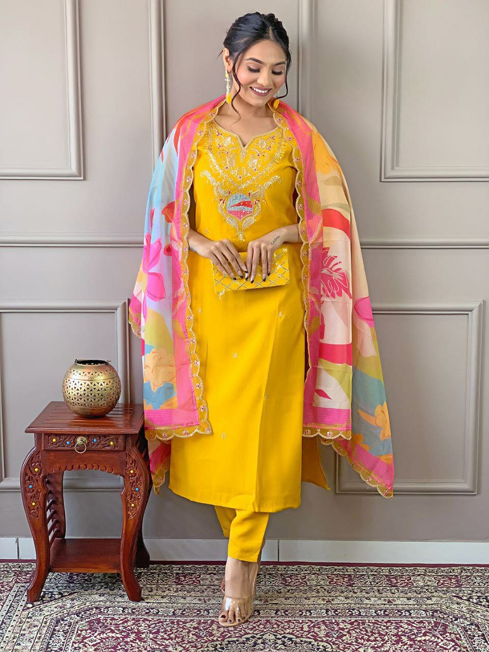 Yellow Colored Party wear Embroidered Anarkali Kurta Set