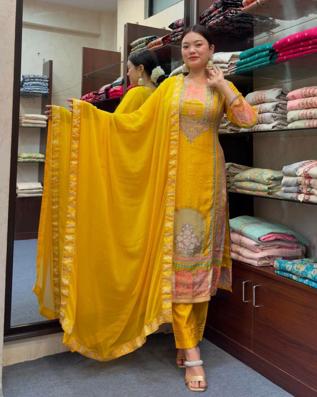 PURE SATIN SILK FEBRIC flaunt the amazing YELLOW color of this suit in your upcoming festivities. The divine and luxurious fabric with digital Print gives it elegant look. It is decorated suit set