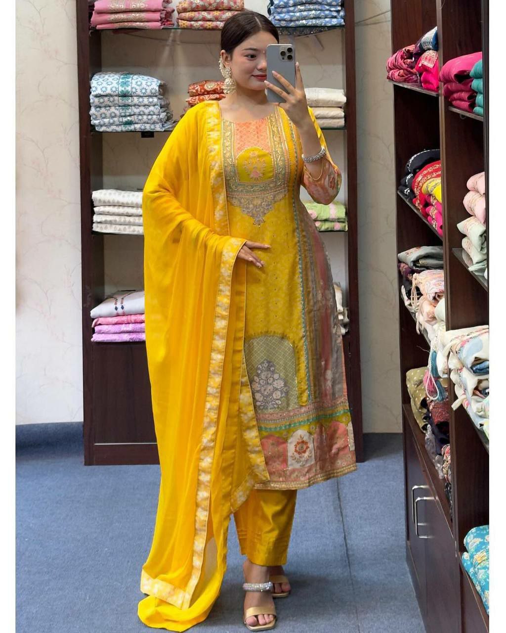 PURE SATIN SILK FEBRIC flaunt the amazing YELLOW color of this suit in your upcoming festivities. The divine and luxurious fabric with digital Print gives it elegant look. It is decorated suit set