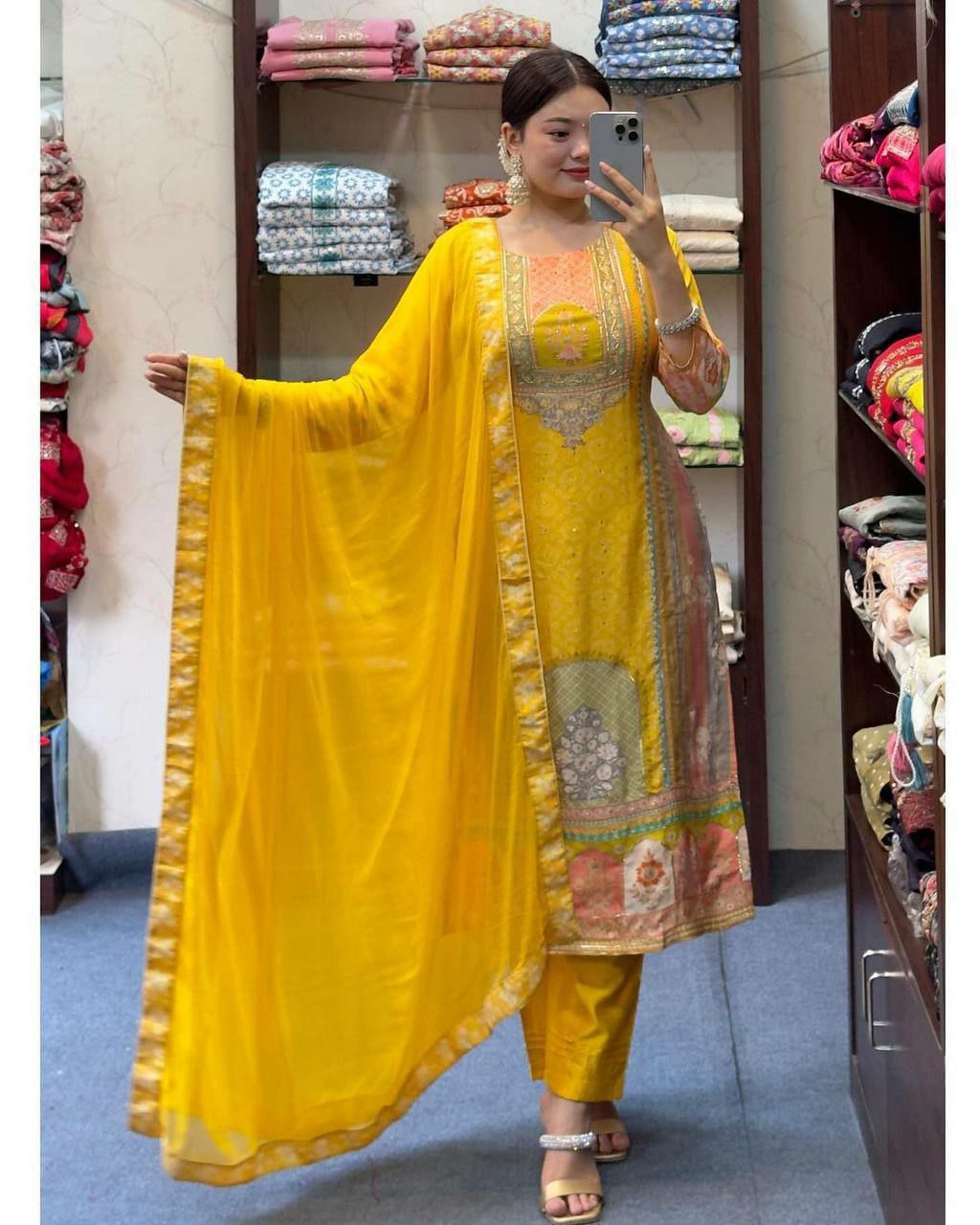 PURE SATIN SILK FEBRIC flaunt the amazing YELLOW color of this suit in your upcoming festivities. The divine and luxurious fabric with digital Print gives it elegant look. It is decorated suit set