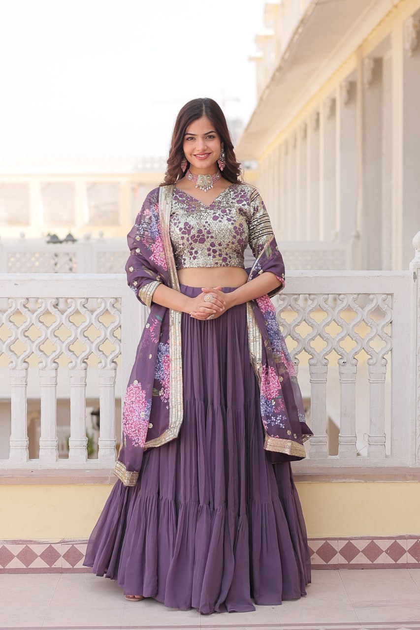 Desirable Women's Fully Flaired Lehenga Made With Faux Georgette Fabrics With sequins Embroidered Blouse and Designer Embroidered Digital Printed Dupatta