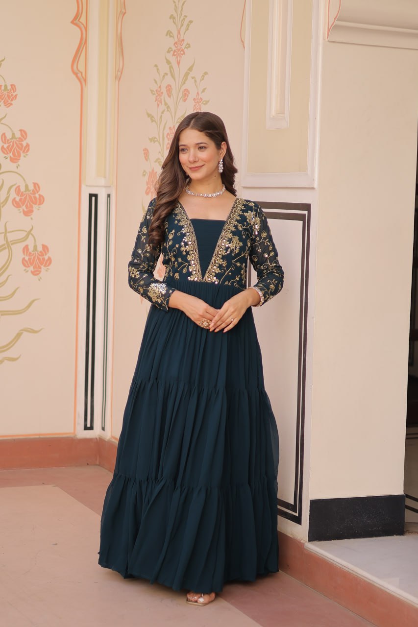 Faux Blooming With Sequins &amp; Zari Embroidered Gown