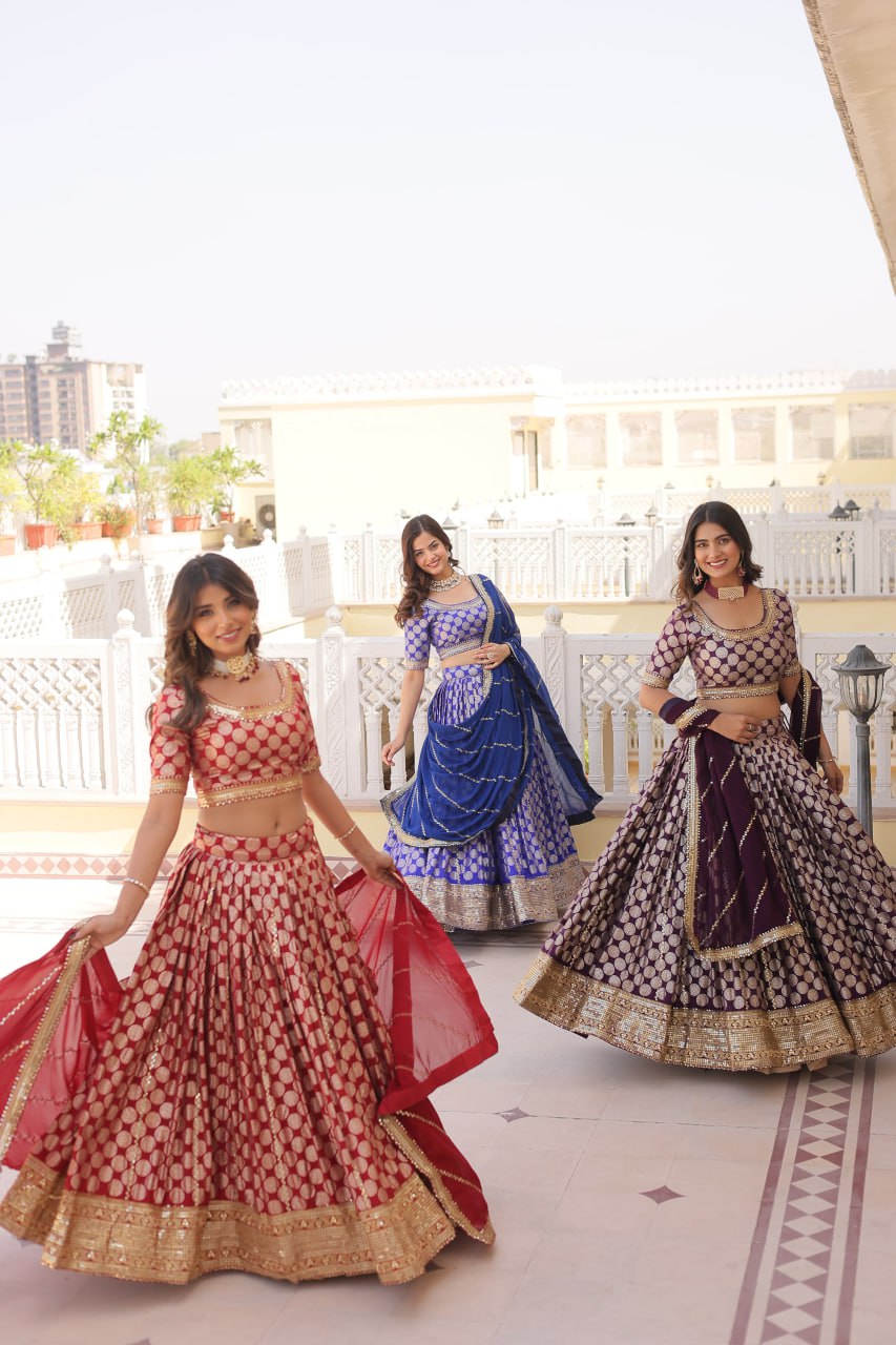 Designer Dyeable Pure Viscose Jacquard fabric Lehenga Choli & Dupatta Set With Sequins Embroidered Work. This Attractive Party Wear Silk Lehenga choli has a Regular-fit and is Made From High-Grade Fabrics And Yarn