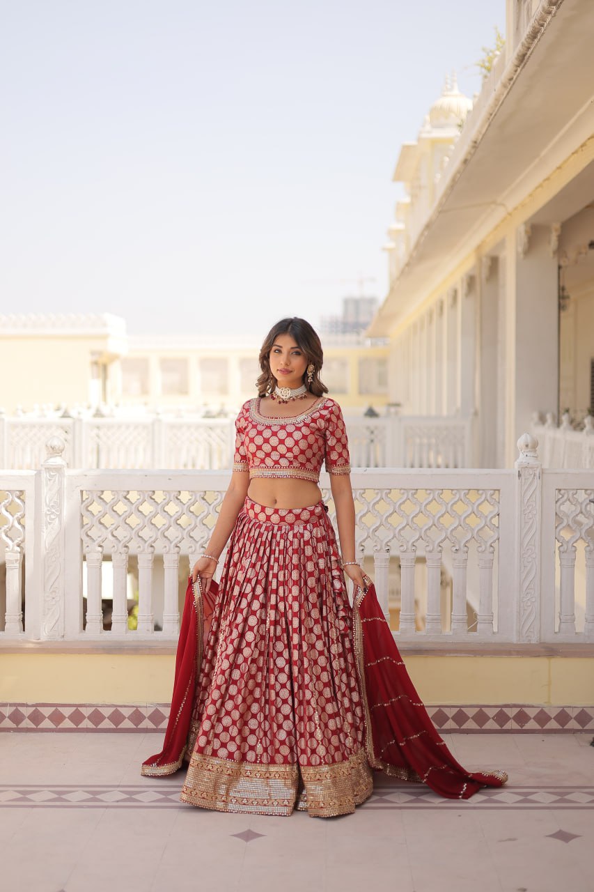 Designer Dyeable Pure Viscose Jacquard fabric Lehenga Choli & Dupatta Set With Sequins Embroidered Work. This Attractive Party Wear Silk Lehenga choli has a Regular-fit and is Made From High-Grade Fabrics And Yarn