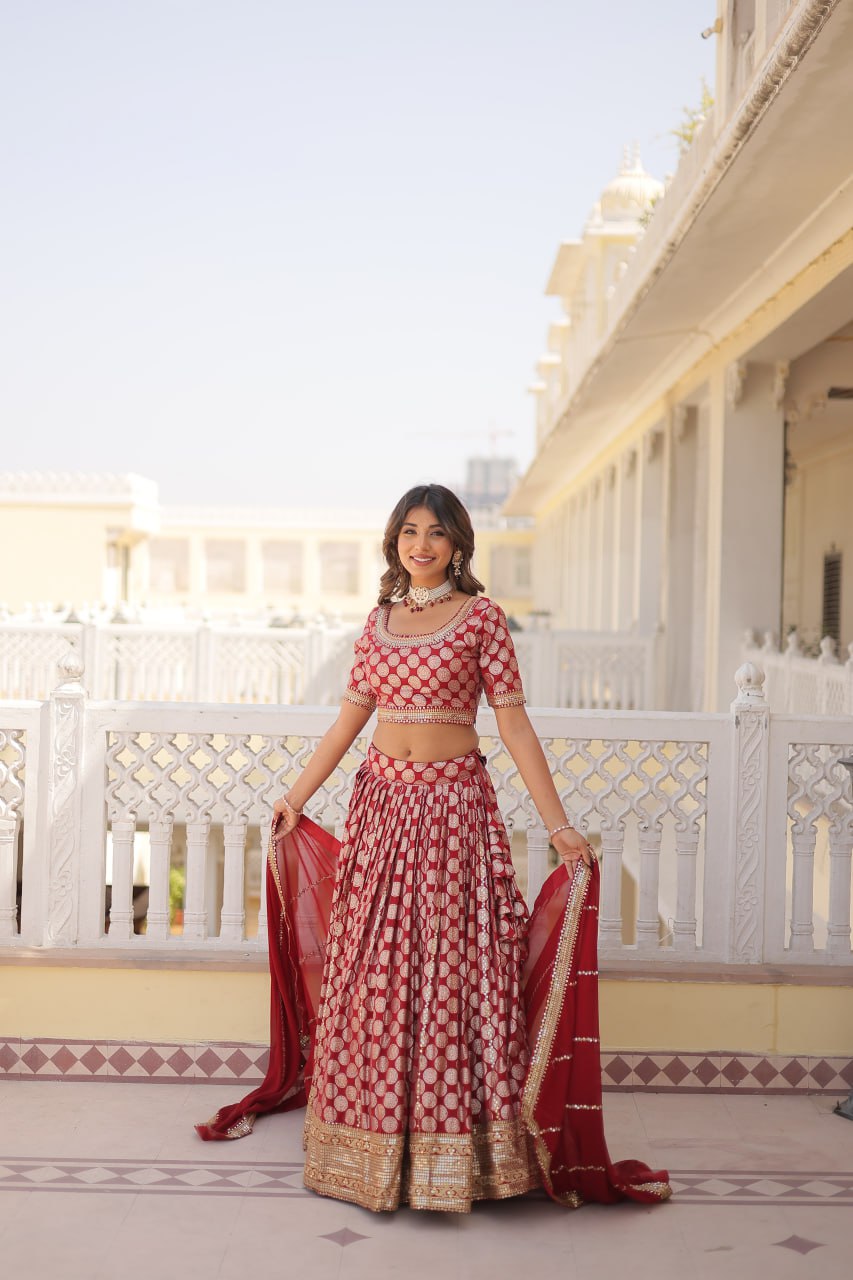 Designer Dyeable Pure Viscose Jacquard fabric Lehenga Choli & Dupatta Set With Sequins Embroidered Work. This Attractive Party Wear Silk Lehenga choli has a Regular-fit and is Made From High-Grade Fabrics And Yarn