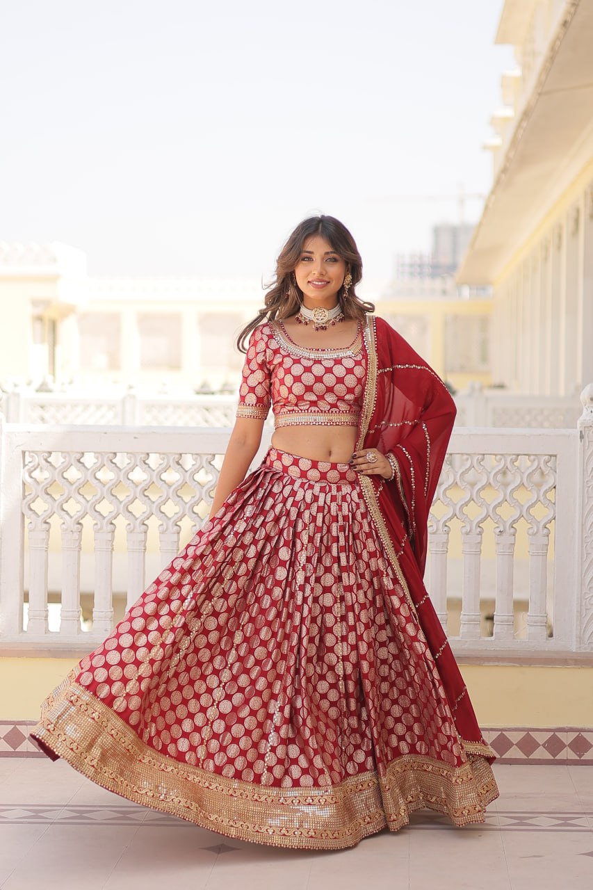 Designer Dyeable Pure Viscose Jacquard fabric Lehenga Choli & Dupatta Set With Sequins Embroidered Work. This Attractive Party Wear Silk Lehenga choli has a Regular-fit and is Made From High-Grade Fabrics And Yarn