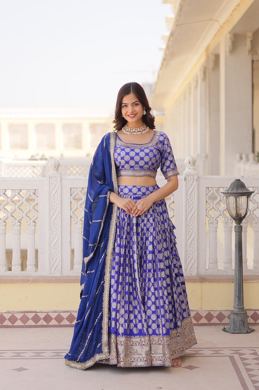 Designer Dyeable Pure Viscose Jacquard fabric Lehenga Choli & Dupatta Set With Sequins Embroidered Work. This Attractive Party Wear Silk Lehenga choli has a Regular-fit and is Made From High-Grade Fabrics And Yarn