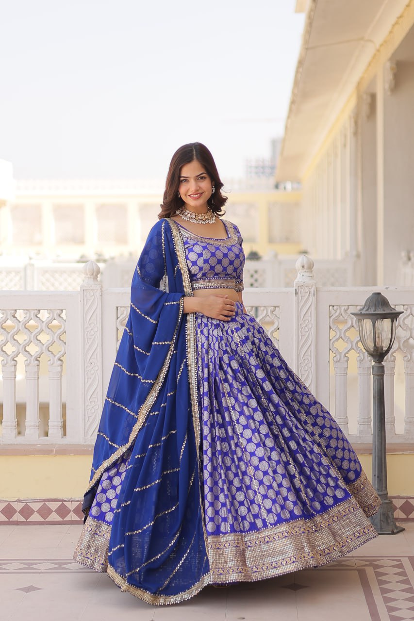 Designer Dyeable Pure Viscose Jacquard fabric Lehenga Choli & Dupatta Set With Sequins Embroidered Work. This Attractive Party Wear Silk Lehenga choli has a Regular-fit and is Made From High-Grade Fabrics And Yarn