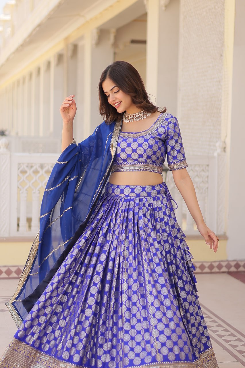 Designer Dyeable Pure Viscose Jacquard fabric Lehenga Choli & Dupatta Set With Sequins Embroidered Work. This Attractive Party Wear Silk Lehenga choli has a Regular-fit and is Made From High-Grade Fabrics And Yarn