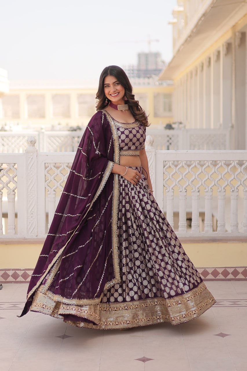 Designer Dyeable Pure Viscose Jacquard fabric Lehenga Choli & Dupatta Set With Sequins Embroidered Work. This Attractive Party Wear Silk Lehenga choli has a Regular-fit and is Made From High-Grade Fabrics And Yarn