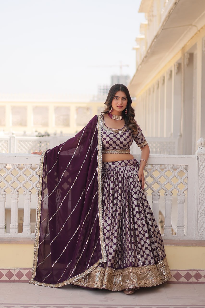 Designer Dyeable Pure Viscose Jacquard fabric Lehenga Choli & Dupatta Set With Sequins Embroidered Work. This Attractive Party Wear Silk Lehenga choli has a Regular-fit and is Made From High-Grade Fabrics And Yarn