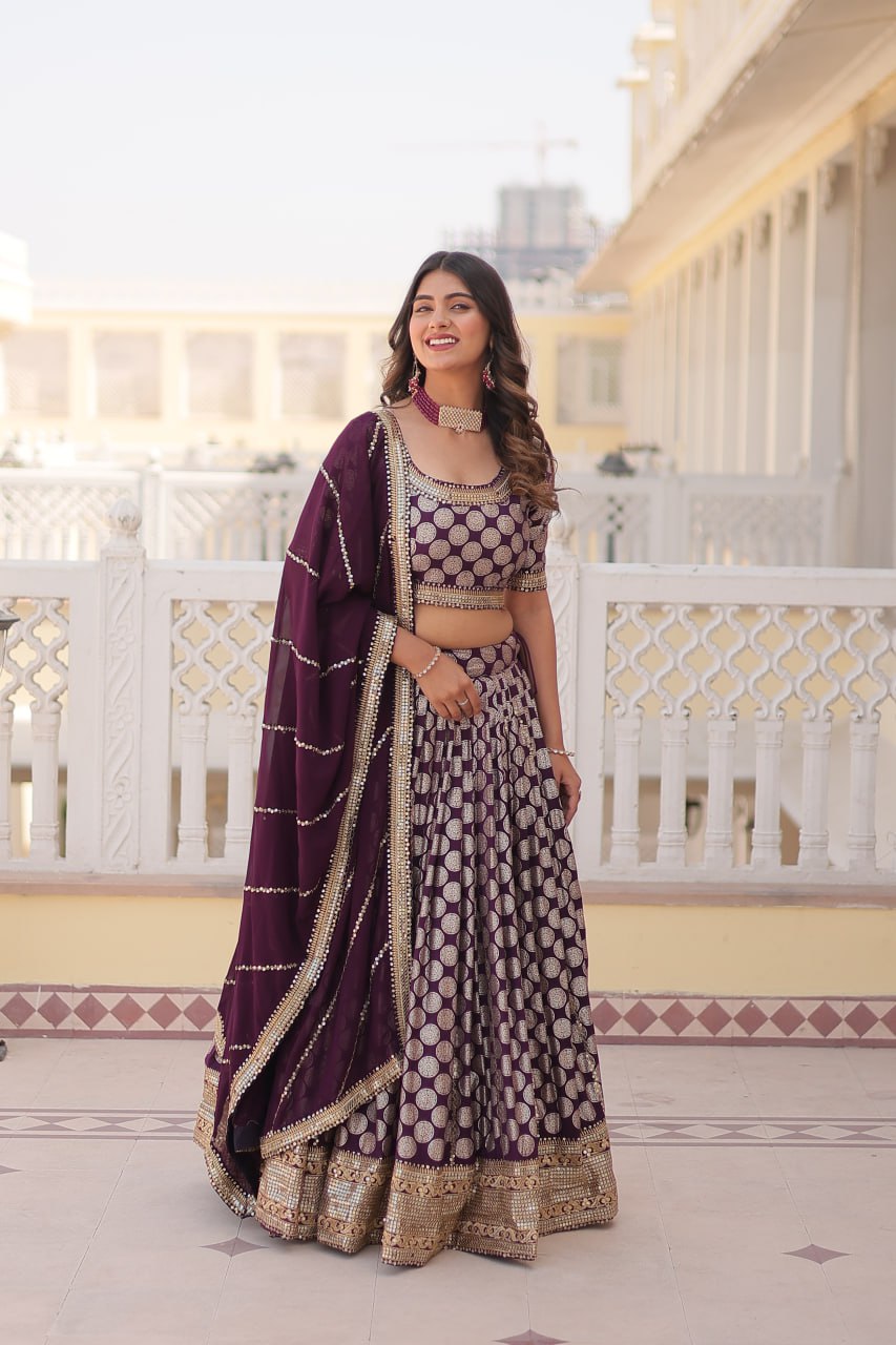 Designer Dyeable Pure Viscose Jacquard fabric Lehenga Choli & Dupatta Set With Sequins Embroidered Work. This Attractive Party Wear Silk Lehenga choli has a Regular-fit and is Made From High-Grade Fabrics And Yarn