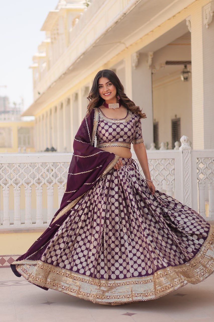 Designer Dyeable Pure Viscose Jacquard fabric Lehenga Choli & Dupatta Set With Sequins Embroidered Work. This Attractive Party Wear Silk Lehenga choli has a Regular-fit and is Made From High-Grade Fabrics And Yarn