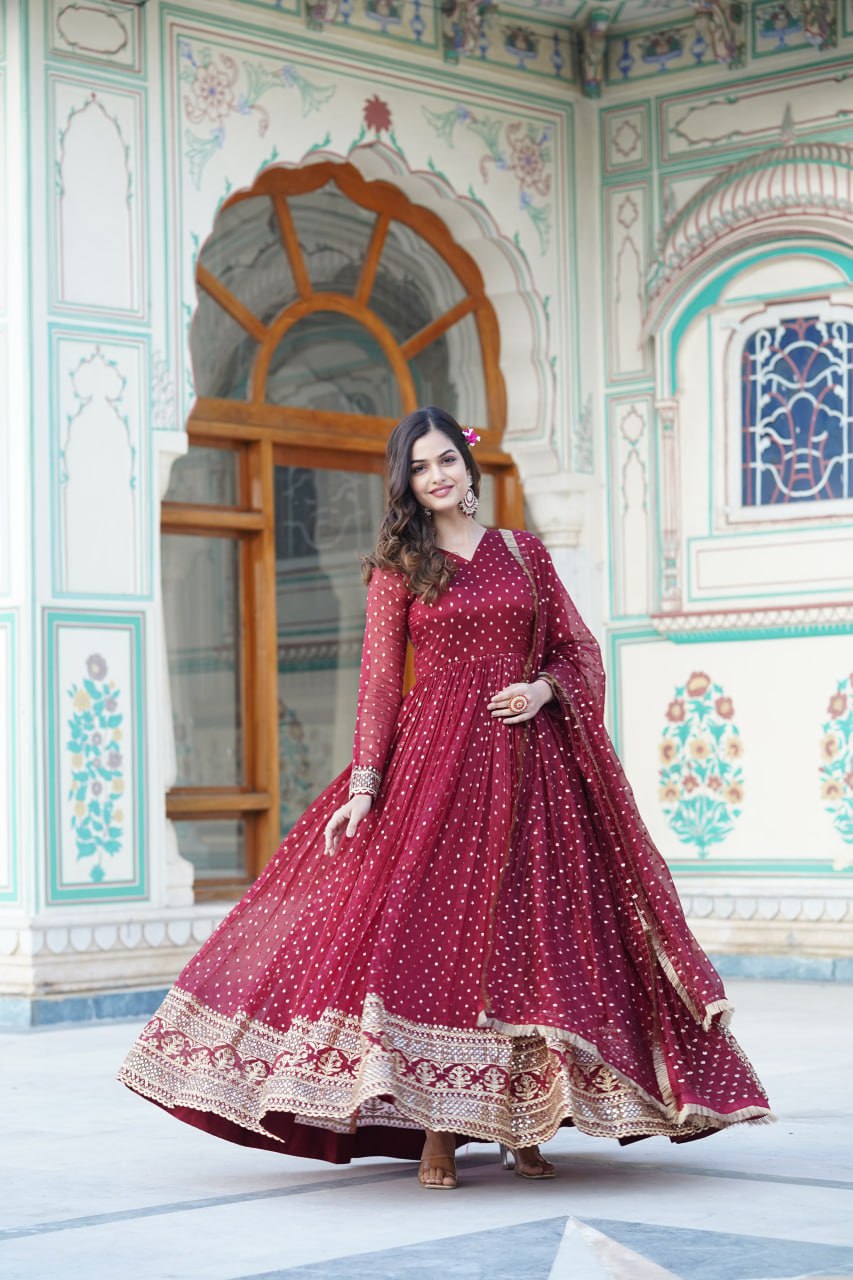 PREMIUM MAROON COLORED READYMADE GOWN WITH DUPATTA SET