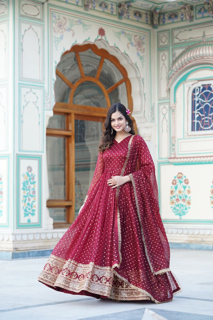 PREMIUM MAROON COLORED READYMADE GOWN WITH DUPATTA SET